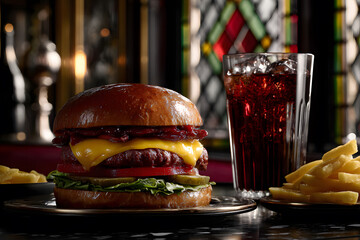 Classic Hamburger with Bacon and French Fries at a Bar Table