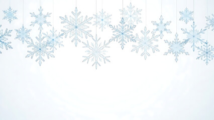 Delicate blue snowflakes falling on white background winter holiday decoration
