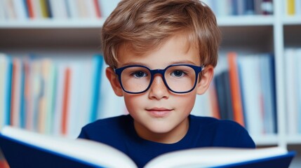 A young kid with glasses engaged in reading in a library study area, symbolizing educational and intellectual growth