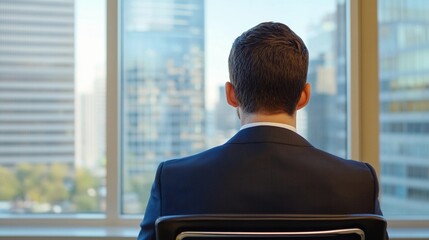 back view of a job candidate man in a business suit sitting waiting for an interview looking from the window at the city