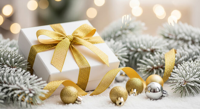 White gift box with gold ribbon, surrounded by snowy fir branches and ornaments, representing a festive celebration, a present or holiday cheer