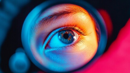 Extreme Close-Up of a Woman Eye Viewed Through Magnifying Glass with Vibrant Neon Lighting , Curiosity Concept