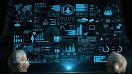This compelling image showcases a futuristic data visualization interface featuring business analytics, social media metrics, and network communication elements, ideal for tech themes. Cipher