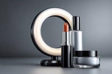 Makeup cosmetics illuminated by ring light for beauty content