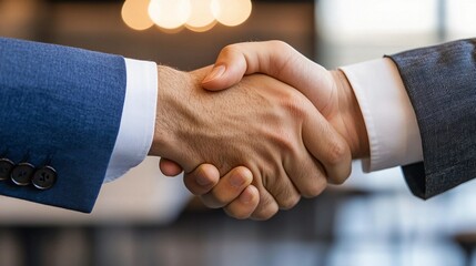 Business representatives engaging in a firm handshake to seal a professional agreement