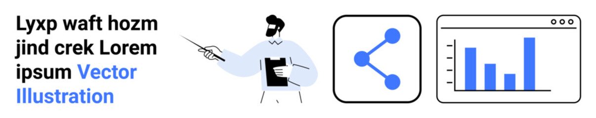 Data presentation, analytics tools, digital communication, business growth, educational aids, information sharing. A man holding a pointer, a network icon a bar graph. Data presentation