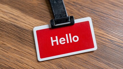 Name tag on a wooden table with the word Hello written in bold text
