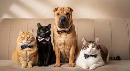 Three cats and one dog with bow ties sit on a beige couch, creating a formal and humorous portrait, representing domestic animal companionship