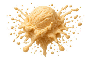 Vanilla ice cream scoop creating a creamy splash, frozen dessert explosion with liquid drops, transparent background