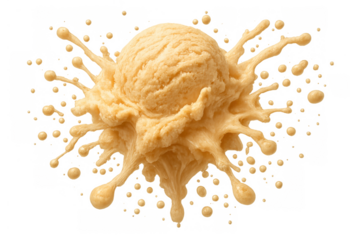 Vanilla ice cream scoop creating a creamy splash, frozen dessert explosion with liquid drops, transparent background