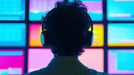 back view of a person wearing a headset sitting in front of multiple screens with security visuals