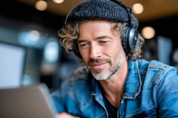 Man wearing headphones working on laptop