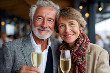 Senior couple celebrating happiness and love with champagne