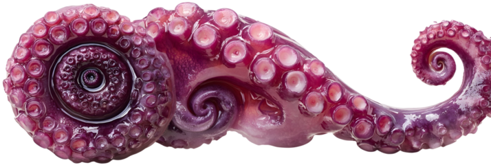 Realistic octopus tentacle curled end detail wet glossy texture visible suction cups vibrant deep pink and purple tones highly detailed skin surface natural lighting ultra sharp focus