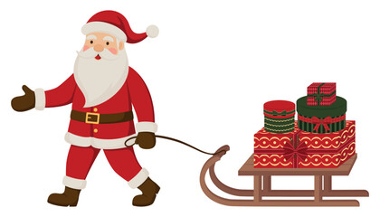 Illustration of Santa Claus pulling a wooden sleigh filled with gifts. Holiday vector flat design isolated on a white background.