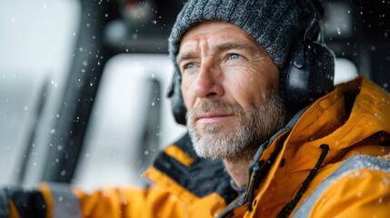 Mature man working outdoors in winter snow