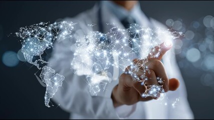 Global Healthcare: A medical professional, with an emblem of world's digital network illuminating under their touch, signifies an innovative step in world healthcare - Powered by Adobe