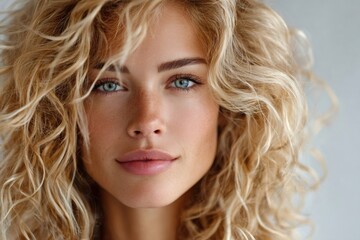 Fototapeta premium Young woman with blonde curly hair looking at camera
