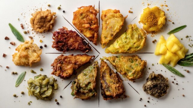 Assorted golden crispy vegetable and savory fritters on white background