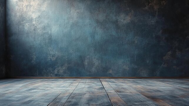 An empty stage set with a dark blue wall and wooden floor.