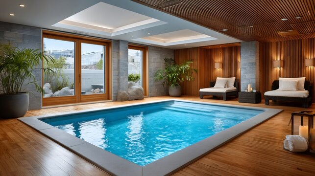 Indoor spa pool with modern wood and stone design - Powered by Adobe