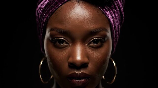 Close-up of a beautiful African woman with a purple headwrap and large hoop earrings, looking directly at the camera with a serious expression against a dark background.