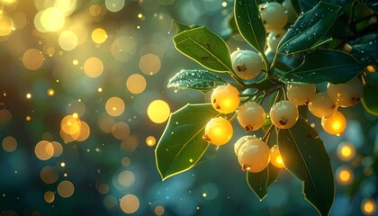 Close Up View of White Berries on Green Leaves with Golden Bokeh in Natural Light