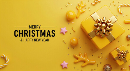A vibrant “Merry Christmas and Happy New Year” greeting design featuring bright gift boxes, stars, candies, and horn figures on a yellow background, creating a lively and cheerful atmosphere.