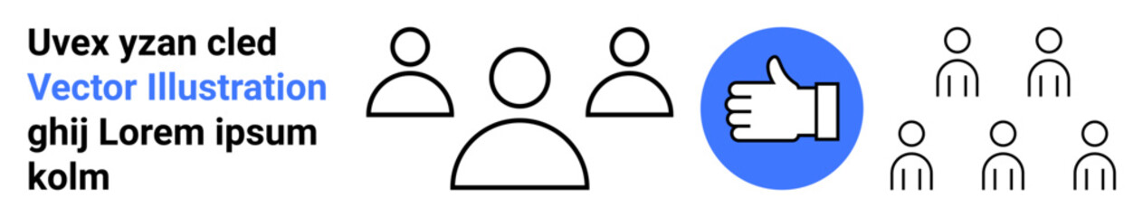 Social media, teamwork, approval, group dynamics, communication, online networking. Minimalist people icons with a thumbs-up symbol. Social media and teamwork