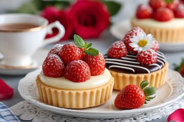 Strawberry tarts with chocolate and custard, tea time dessert
