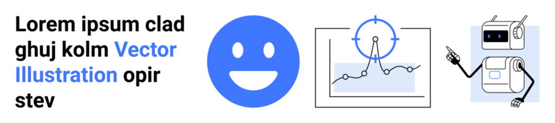 Data analysis, technology interfaces, user interaction, automation, artificial intelligence, futuristic design. A blue happy face, analytics graph and robot pointing. Concept of data analysis