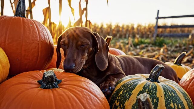 Dachshund dog sleeping peacefully on a pile of colorful pumpkins in a sunlit cornfield, capturing the essence of autumn and Halloween celebrations, suitable for video footage.