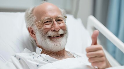 A man in a hospital bed is giving a thumbs up. He is smiling and he is happy - Powered by Adobe