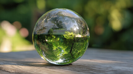 A transparent sphere rests on wood, reflecting a lush forest scene inside. Green foliage creates a vibrant, nature-focused composition.