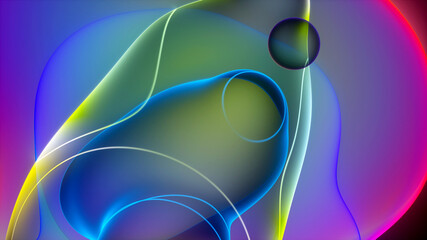 3d render of abstract art with surreal rubber band stripes in curved, wavy organic lines forming in process of circular transformation in blue, red yellow, and white colors on a white background