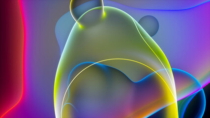 3d render of abstract art with surreal rubber band stripes in curved, wavy organic lines forming in process of circular transformation in blue, red yellow, and white colors on a white background