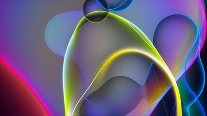 3d render of abstract art with surreal rubber band stripes in curved, wavy organic lines forming in process of circular transformation in blue, red yellow, and white colors on a white background