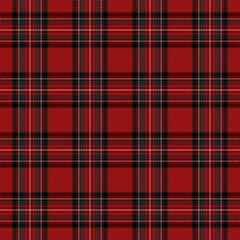 Christmas and new year tartan plaid. Scottish pattern in black, red and white cage. Scottish cage. Traditional Scottish checkered background. Seamless fabric texture. Vector illustration