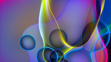 3d render of abstract art with surreal rubber band stripes in curved, wavy organic lines forming in process of circular transformation in blue, red yellow, and white colors on a white background