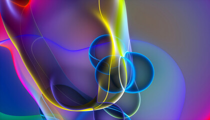 3d render of abstract art with surreal rubber band stripes in curved, wavy organic lines forming in process of circular transformation in blue, red yellow, and white colors on a white background