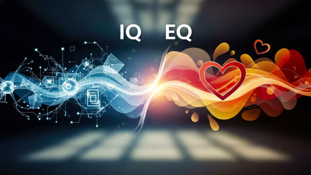 Intelligence and Emotion split: Brain IQ and Heart EQ,  balance and insight concept.