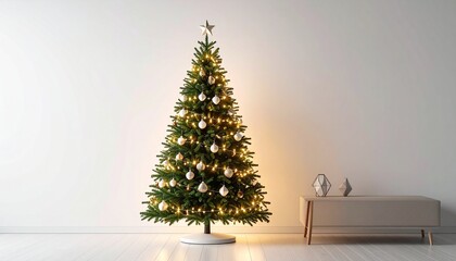 Decorated Christmas Tree with Lights and Ornaments in a Modern Living Room Setting