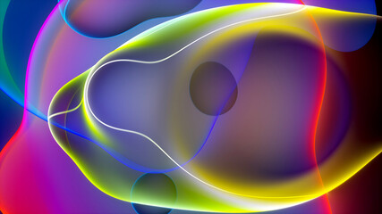 3d render of abstract art with surreal rubber band stripes in curved, wavy organic lines forming in process of circular transformation in blue, red yellow, and white colors on a white background