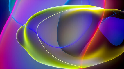 3d render of abstract art with surreal rubber band stripes in curved, wavy organic lines forming in process of circular transformation in blue, red yellow, and white colors on a white background