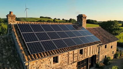 Solar panels cover traditional stone house roof, converting sunlight into clean energy for sustainable living. Wind turbine rotates on distant hill over lush green landscape, - Powered by Adobe
