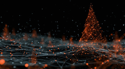 Elegant holiday tree, constructed of luminous nodes and fine lines, stands out against a dark backdrop, radiating festive digital warmth.