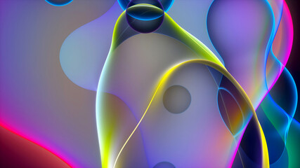 3d render of abstract art with surreal rubber band stripes in curved, wavy organic lines forming in process of circular transformation in blue, red yellow, and white colors on a white background