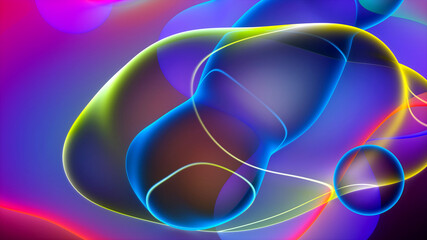 3d render of abstract art with surreal rubber band stripes in curved, wavy organic lines forming in process of circular transformation in blue, red yellow, and white colors on a white background