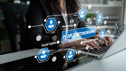 A business professional actively engages in networking activities, showcasing virtual connections and ideas that promote collaboration and growth in the workplace. Tessel