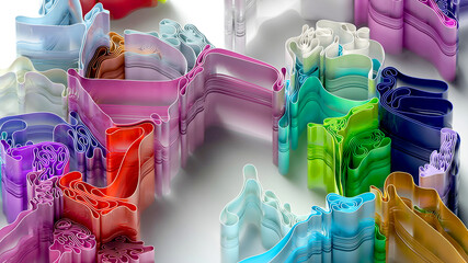 3d render of abstract art video with surreal rubber bands stripes in curved wavy organic lines forms in process of circle round transformation in blue red yellow and white colors on white background